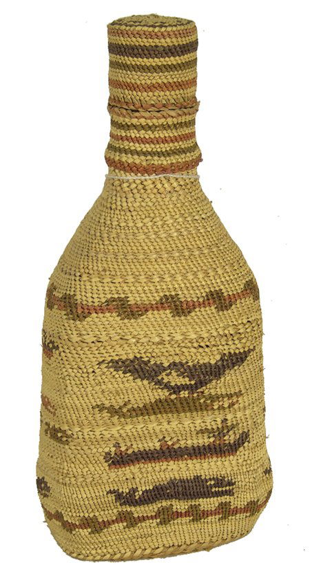 Nuu Chah Nulth Basketry Bottle: Flared glass bottle with basketry cover depicting eagles, whales, whalers, etc. and with matching cap; very good condition. 10" x 5" x 3" Circa Early/Mid 1900s