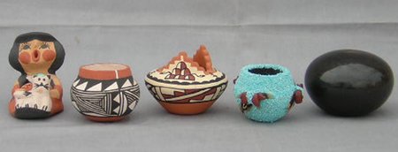 Pueblo Pottery Collection: Five-piece New Mexico Pueblo pottery collection including a Zuni corn pollen fetish, a Santa Clara seed jar, a Cochiti storyteller, and Acoma and Jemez jars. Largest 3-1/2" x 2-3/8" Circa 1990s