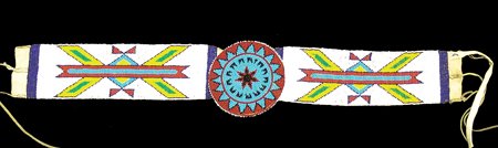 Plateau Beaded Belt: Colorful fully beaded belt constructed from two loomed armbands and a beautiful flat beaded rosette; very good condition. 25" x 4-1/2" Circa Mid 1900s