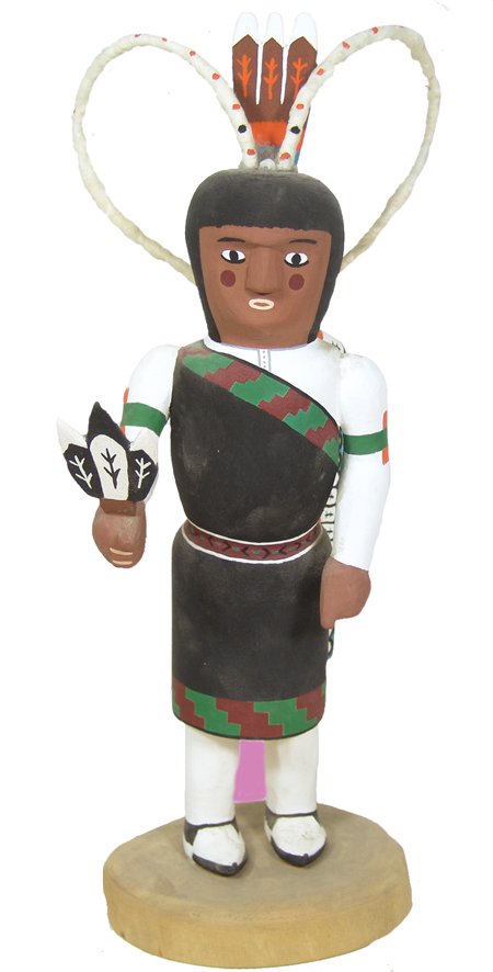 Hopi Kachina Carving: Maestas, Beautiful, large, hand carved cottonwood root doll with feather wand and loop headdress; very good condition. 19" x 6" Circa 1975
