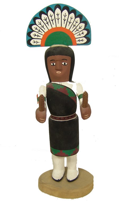 Hopi Kachina Carving: Maestas, Beautiful, large, hand carved cottonwood root doll with corn wands and feather tableta. 18-1/4" x 6" Circa 1970s