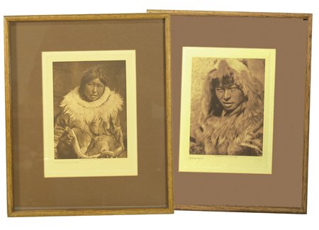 2 Curtis Photogravures: Pair of beautiful embossed portfolio prints of Eskimos "Nunivak Youth" and "Ukowuhhuh - Hooper Bay" - matted and framed; excellent condition. 9-1/2" x 7" (15-1/2 " x12-1/2" framed) Circa 1930s