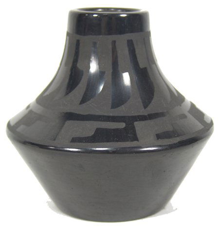 San Ildefonso Pottery Jar: Lucy Martinez, Fine signed matte black-on-black shouldered jar with feather design; very good condition. 5" x 5" Circa Mid/Late 1900s