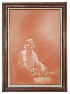 John Jones (b-1943): Large signed original acrylic on canvas depicting a single figure. 36" x 24" (43" x 31" framed) Late 1900s