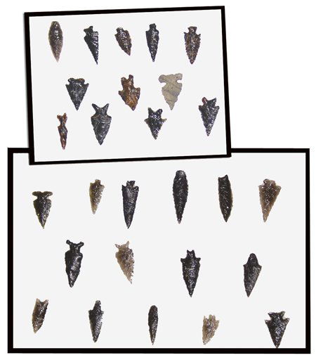 Obsidian Arrowheads: Two small frames of obsidian points, including a few of mahogany - some new, most older; all very good or excellent condition. 1-1/8" - 2" Various Ages