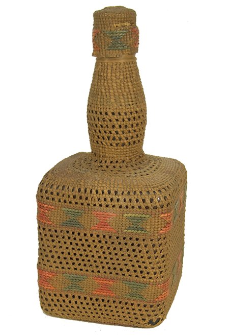Tlingit Basketry Covered Bottle: Rare square bottle with cap, completely covered with basketry in 2-color imbricated designs and with some openwork weaving; very good condition, a few breaks/repairs in the cap only. 9-1/2" x 4" x 4" 