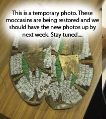 Arapaho Beaded Moccasins: Very old pair of sinew sewn and lazy stitch beaded men's moccasins with traditional geometric designs; good condition, some bead loss. 10" Circa Late 1800s