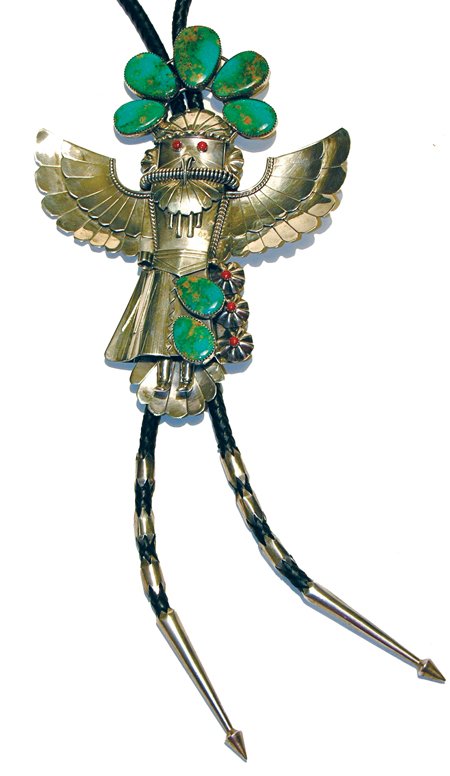 Navajo Bolo: H. Boyd, Magnificent large sterling Eagle Dancer bolo with matching natural Royston turquoise cabochons and coral accents - hallmarked. 7" x 5-1/2" Circa 1974