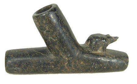 Steatite Badger Pipe: Rare older carved stone straight-sided pipe with animal effigy; very good condition, shows wear. 3" x 6" Circa Pre-1900