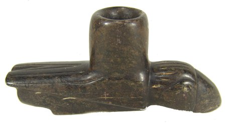 Stone Parrot Pipe: Beautiful hand carved stone pipe in parrot form showing wings and other details - we believe this is old; very good condition. 3-1/2" x 7-1/2" Circa Pre 1900s