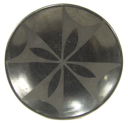 Maria Pottery Plate: Marie & Santana, Small classic San Ildefonso black-on-black pottery plate - signed; very good condition. 5-1/2" Circa Mid 1900s