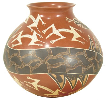 Mata Ortiz Pottery Jar: Lupe Soto, Very fine, globular thin-walled Casas Grandes olla with encircling snake figure, lizards, and other designs; excellent condition. Circa Early 1900s