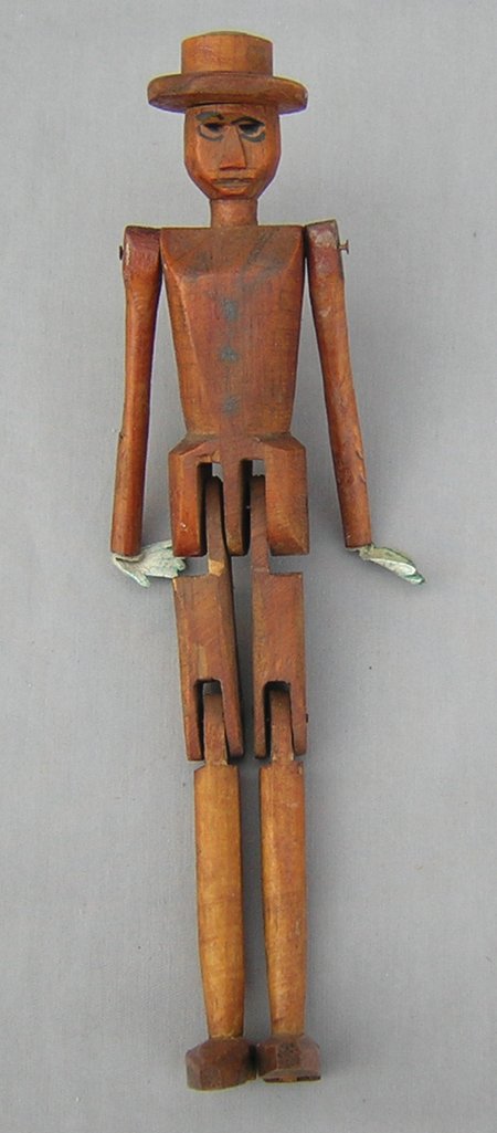 Wooden Folk Art: Old and interesting wooden articulating hand puppet in man form (origin unknown). 9" Circa Unknown