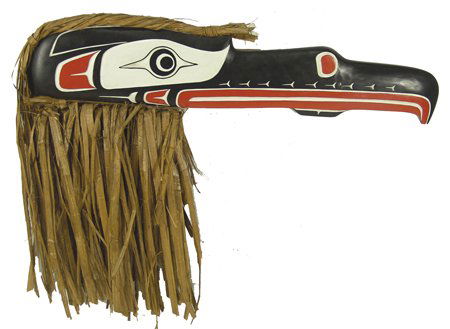 NW Coast Raven Wall Carving: Richard Baker, Colorful finely carved cedar raven shown in profile with cedar bark trim - marked "Richard Baker, N. Vancouver, B.C., Canada, 1992"; excellent condition. 29" Circa 1992