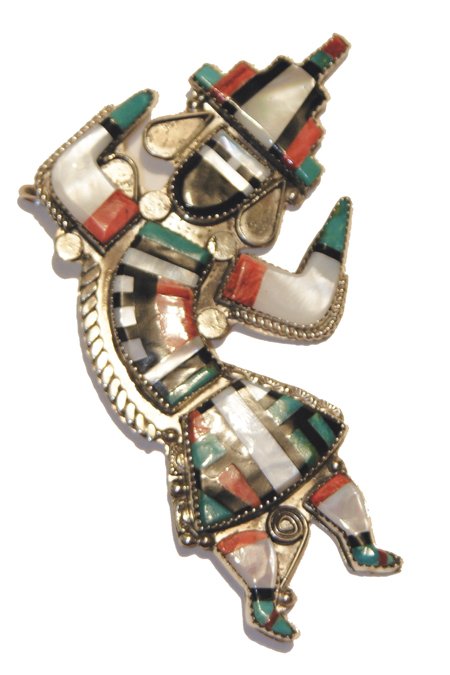 Zuni Pin/Pendant: Elred Martinez, Superb Rainbow God pin of mother of pearl, jet, and spiny oyster with fine stone-to-stone work - hallmarked. 3-1/2" x 2-1/4" Circa Contemporary