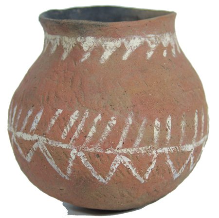 Anasazi Pottery Jar: Small, corrugated, globular, white-on-red Salado olla with interesting design - as-found. 5" x 5" Circa Prehistoric
