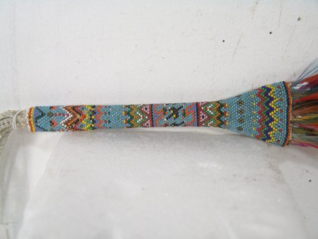 Beaded Peyote Fan: We're sorry, this lot has been WITHDRAWN FROM THE AUCTION. It May have illegal feathers. 15-1/2" plus 7" tassels Ca. 1970