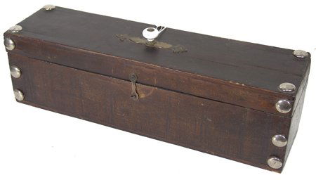 Vintage Peyote Box: A rare old Southern Plains hand crafted box to hold peyote items - fan, rattle, etc. - made from milled pine with German silver conchos; good condition. 18" x 4-3/4" x 6" Circa Early 1900s