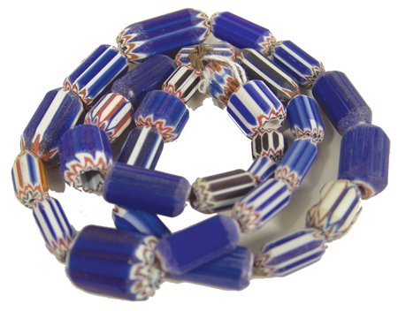 Chevron Tradebeads: Interesting strand of different-sized and shaped beads including two black ones. 26" Circa Various Ages