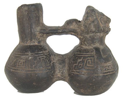 Prehistoric Effigy Pot: Rare excavated double pottery vessel with human effigy face on one side - excavated in Southern Illinois; as-found, no restoration. 4-1/2" x 3-1/2" x 2-1/2" Prehistoric