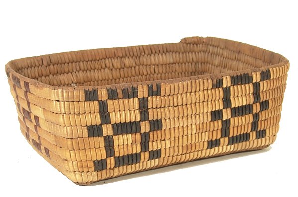 Thompson River Basket: Beautiful, well made, rectangular hard-sided basket with fully imbricated sides. Condition: very good, minor use. 3" x 9" x 7" Circa: Early 1900s