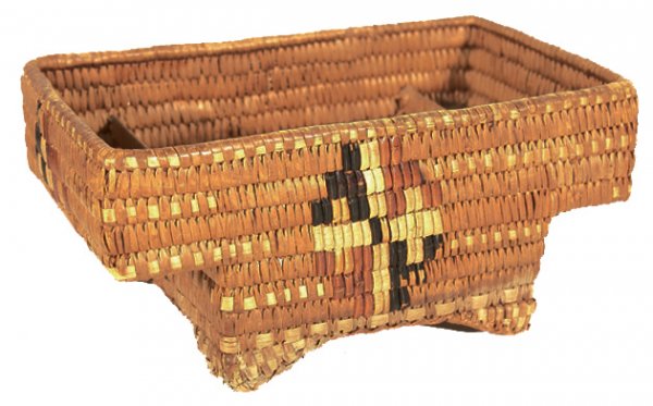 Salish Basketry Box: Unusually shaped, imbricated, box-shaped Thompson River basket. Condition: good - used, some stitches missing. 5" x 6" x 10" Circa: Early 1900s