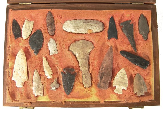 Arrowhead/Stone Collection: Large framed collection of 18 beautiful spearpoints, drills, and blades. Condition: all pretty good, drill 5-1/2" Circa: Various Ages