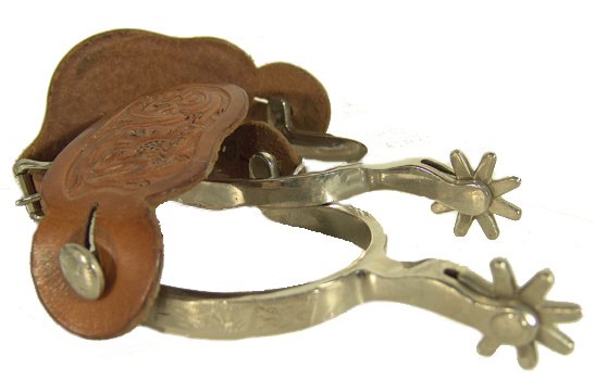 Western Dress Spurs - Crockett: Finer, small, polished chrome star spus with tooled leather straps, maked "Crockett". Circa: Mid/Late 1900s