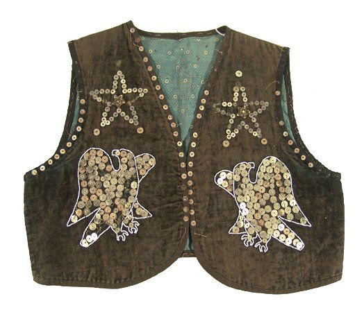 Woodlands Beaded Vest: Rare boy's vest made with velvet and lined with calico cloth, with eagles and stars on the front and back done with sequins and accented with beads. 16" x 19" Circa: Early 1900s
