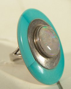 Zuni-Style Ring - Michael Rogers, Pauite: Fine, contemporary design turquoise inlay and silver ring with opal central stone. Size 7 Circa: Late 1900s