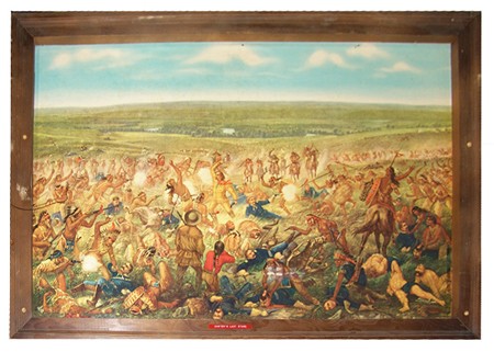 Historic Color Print: Famous print - "Custer's Last Fight" - by Otto Becker; a portion of the original early 1900s Budweiser advertising poster; mounted on cardboard. Condition: good. 23" x 37" Circa: Early 1900s
