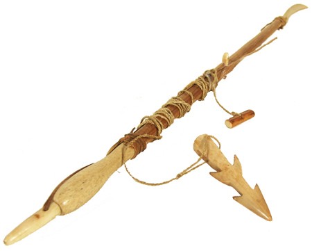 Eskimo Model Harpoon: Unique hand crafted harpoon with carved bone tips and jute thong. Condition: very good. 20" Circa: Mid 1900s