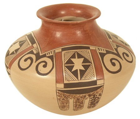 Hopi Pottery Jar - Miriam Nampeyo: Beautiful polychrome olla with red neck and old Nampeyo design. Condition: very good. 5-1/2" x 7-1/2" Circa: Ca. 1970s