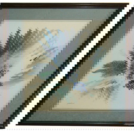 Bert Seabourn (B-1931): Signed original watercolor on pressed paper "Rain Hawk". Framed. Condition: excellent. 30" x 23" (43" x 35") Circa: Ca. 1980s