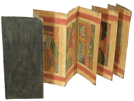 Antique Buddhist Manuscript: Rare and interesting all hand painted folding book used to teach children and others the religion. From Burma. 16" x 7-1/2" (closed) Circa: Ca. 1930s