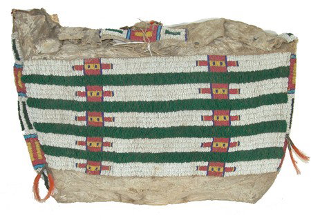 Cheyenne Beaded Possible Bag: Very old sinew sewn and lazy stitch beaded rectangular bag done on buckskin with banded design on front and sides using regular and whiteheart seed beads. Condition: original and intact, some cracking