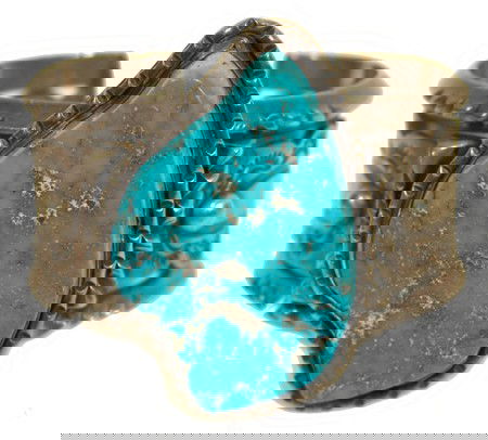 Vintage Navajo Bracelet - Carl Luthey: Heavy gauge all-silver bracelet set with a huge (approximately 100 ct.) Villa Grove turquoise stone. Hallmarked. Purchased from A. Turney in 1974 for $500. 6" plus 1" gap x 2-3/8" wide Circa: Late 196