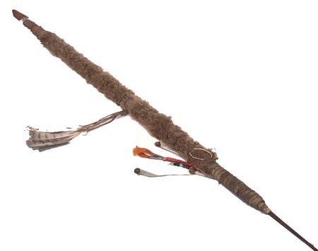 Plains Society Lance: Forged iron lance wrapped with buffalo hide and with tin cone horsehair suspensions and quilled strips. With provenance. Purchased from Julian, Santa Fe, New Mexico in 1979; appraisal value $1500. 70"