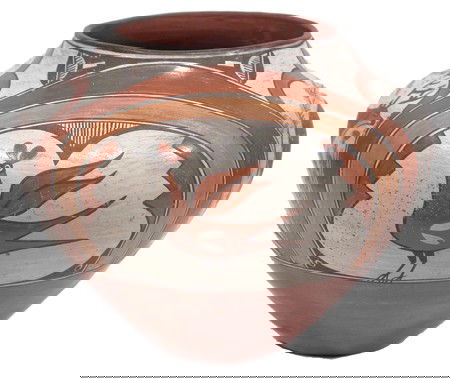 Zia Pottery Jar: Large polychrome water/storage jar done in olla shape with deer under clouds and Zia birds under rainbows. Attributed to Domingita Pino (note inside). Purchased from Turney in 1975 for $600; appraisal