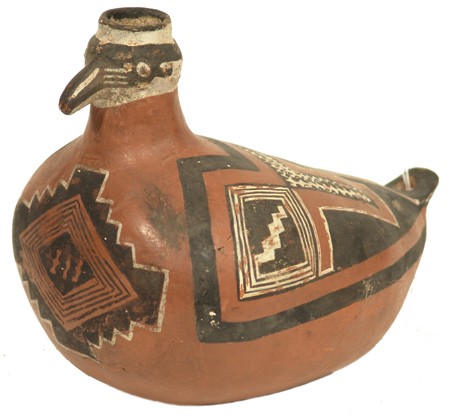 Anasazi Pottery Duck: Very rare Four Mile polychrome pottery vessel in good condition. Featured in Arizona Highways February 1974. Purchased from Chesley in 1975 for $1,050; appraisal value $2,400. 6-1/2" high x 8" long Ci