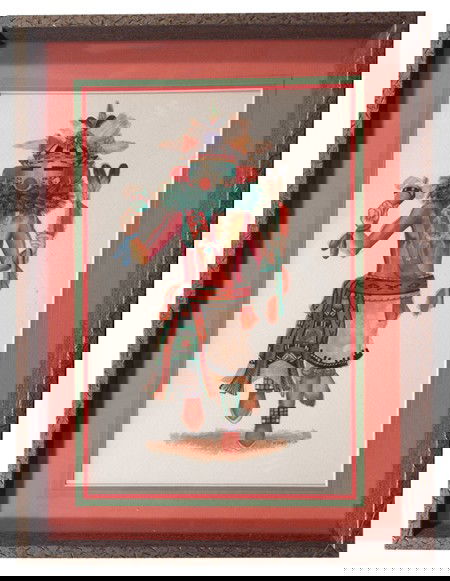 Peter Shelton, Jr. (Hopi, B-1920s): Signed original watercolor depicting a Hopi kachina dancer. The artist is from Oraibi and studied in Santa Fe with Fred Kabotie. 13" x 9" (18" x 14") Circa: Ca. 1960s