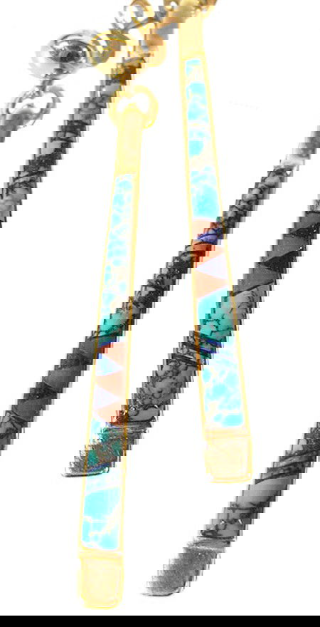 Gold Earrings - Laura Lincoln & Ben: 14k gold drop earrings of turquoise, coral, and lapis set stone to stone. Hallmarked. 2" Circa: Late 1900s