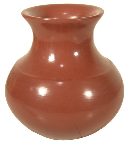 Santa Clara/San Juan Pottery Jar - Virginia Garcia: Beautiful polished redware jar with exaggerated rim and pinched shoulder. Condition: excellent. 7-1/2" x 7" Circa: Late 1900s