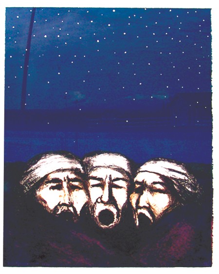 R.C. Gorman (1932 - 2005): Signed limited edition (#28/60) lithograph depicting 3 singers "Mountain Chant". Framed. Condition: excellent. 30" x 23" (35-1/2" x 28") Circa: Ca. 1976