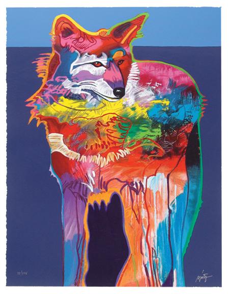 John Nieto (B-1936): Signed limited edition (#72/195) full color serigraph "Coyote Survivor". Shrink wrapped on foam core. Condition: excellent. 33" x 26" Circa: Ca. 1999