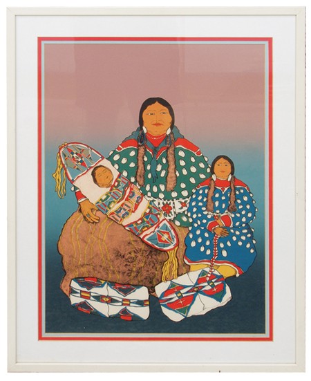 Kevin Red Star (B-1943): Signed limited edition (#14/75) 8 color lithograph "Corn Woman & Grandchildren". Framed. Condition: excellent. 24" x 18" (30" x 24") Circa: Ca. 1980