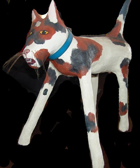 Mexican Folk Art Cat: Large hand built paper mache cat with collar. Circa: 1990s Size: 14" x 23"