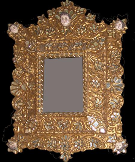 Mexican Carved Wooden Mirror: Elaborate hand carved gold gilded wooden frame adorned with angels - a collector's treasure - Michoacan. Circa: 1980S Size: 53" X 40"