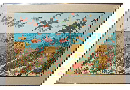 Manuel Lepe Macedo (1936-1984): Fantastic signed original acrylic on canvas "The Fish Parade". Purchased from Dos Cabasos in 1972. Circa: 1972 Size: 24" x 40" (frame 31" x 47")