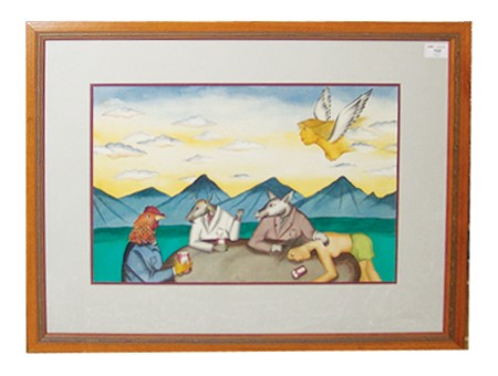 Maximino Javier (B-1940): Signed original watercolor of dressed animals with angels and mountains in the background. We couldn't find the signature but the owner's notes attribute it to Javier. Circa: Late 1900s Size: 15" x 20